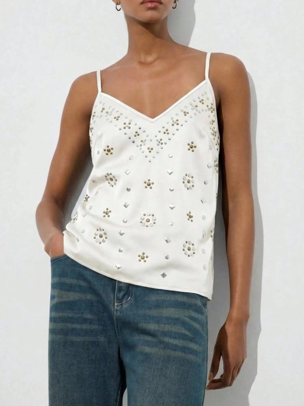 Ivory Studded Cami Tank with Spaghetti Straps